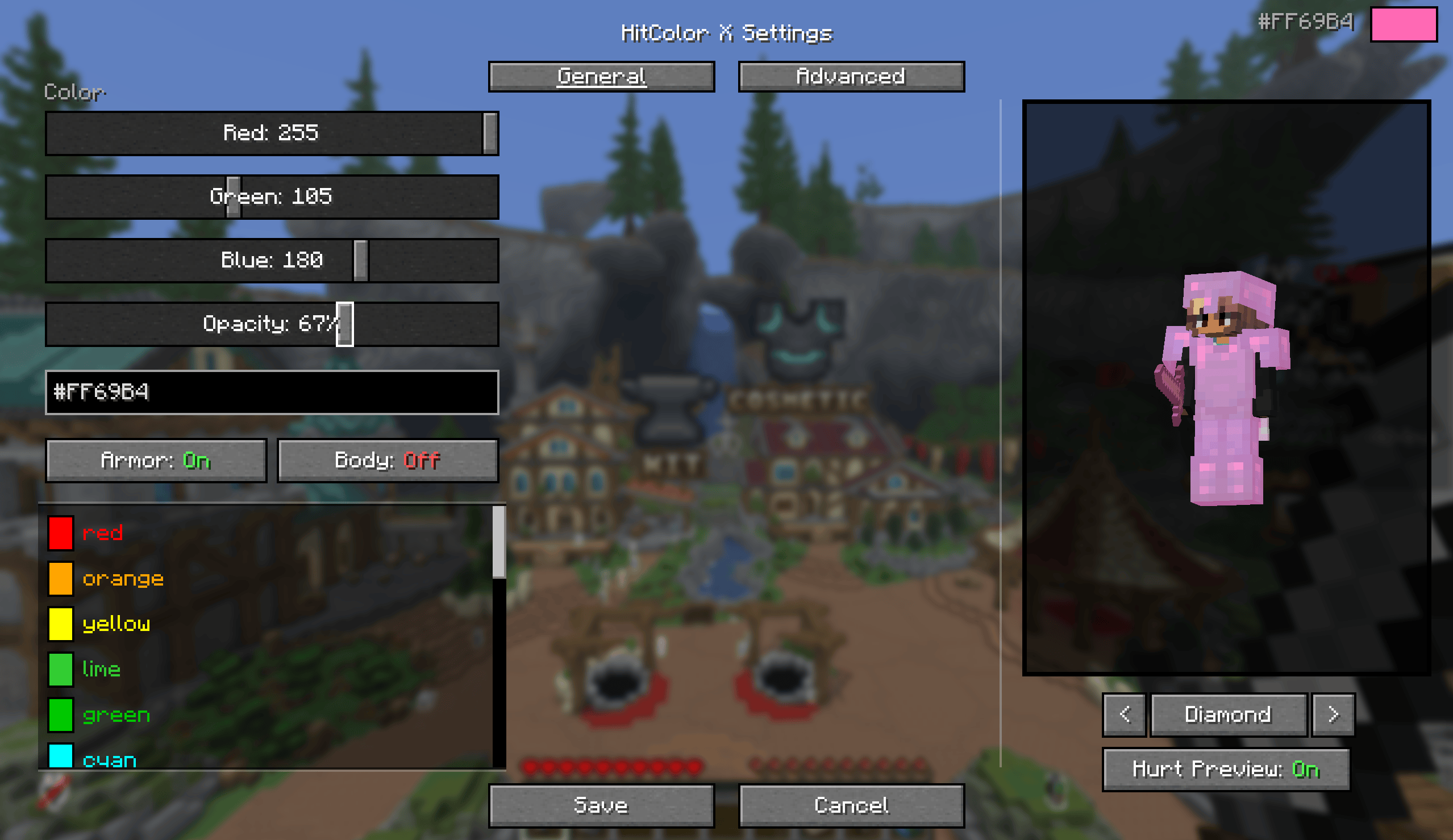 The settings screen which you can access through Mod Menu, if you're unable to see the preview or don't have the mod it's okay!! We support commands too which is covered in the section below :) <3