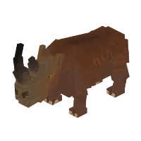 Woolly Rhino render. A bulky brown animal with two long black horns jutting from its large head.