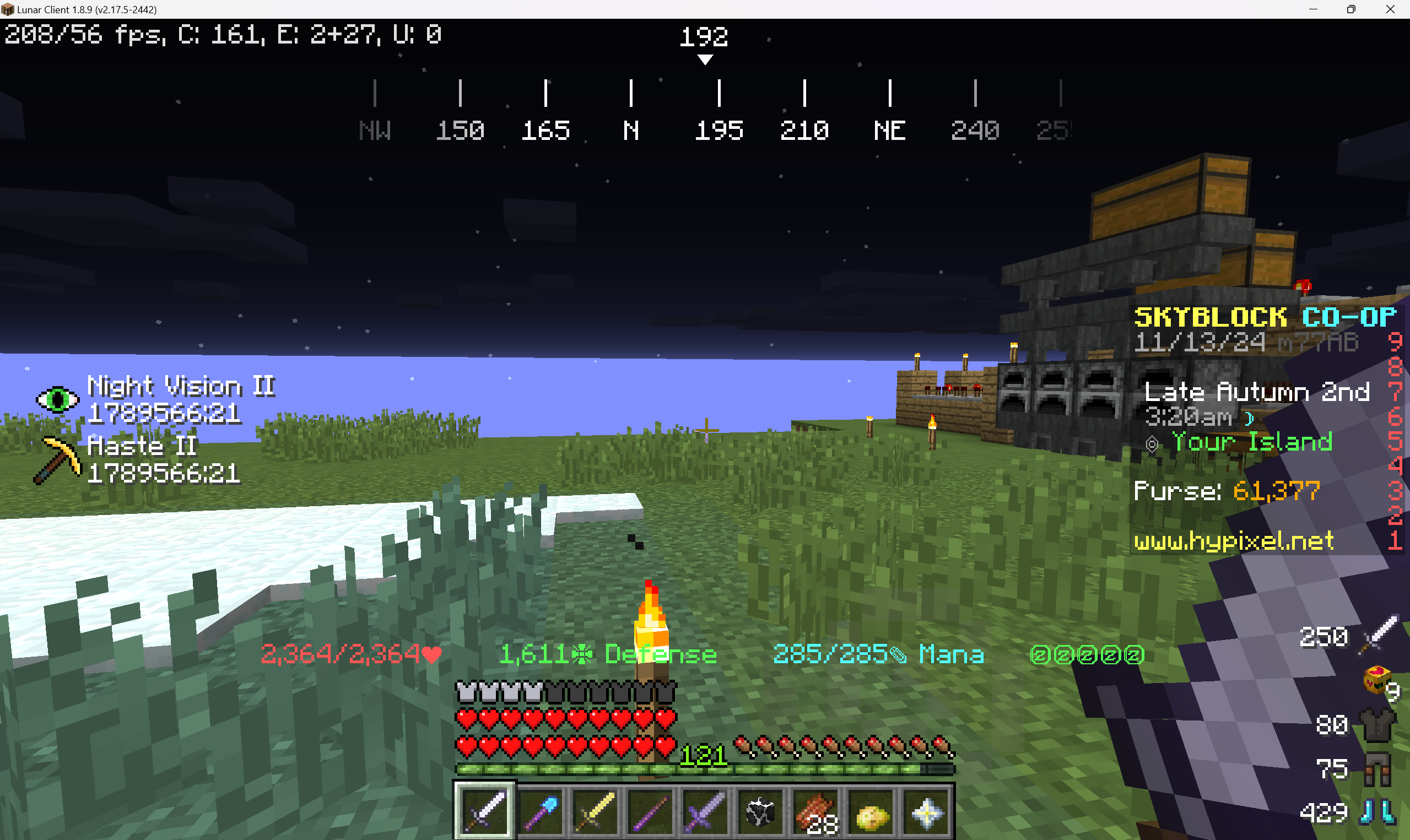 An island in skyblock showing 208 fps using Lunar Client