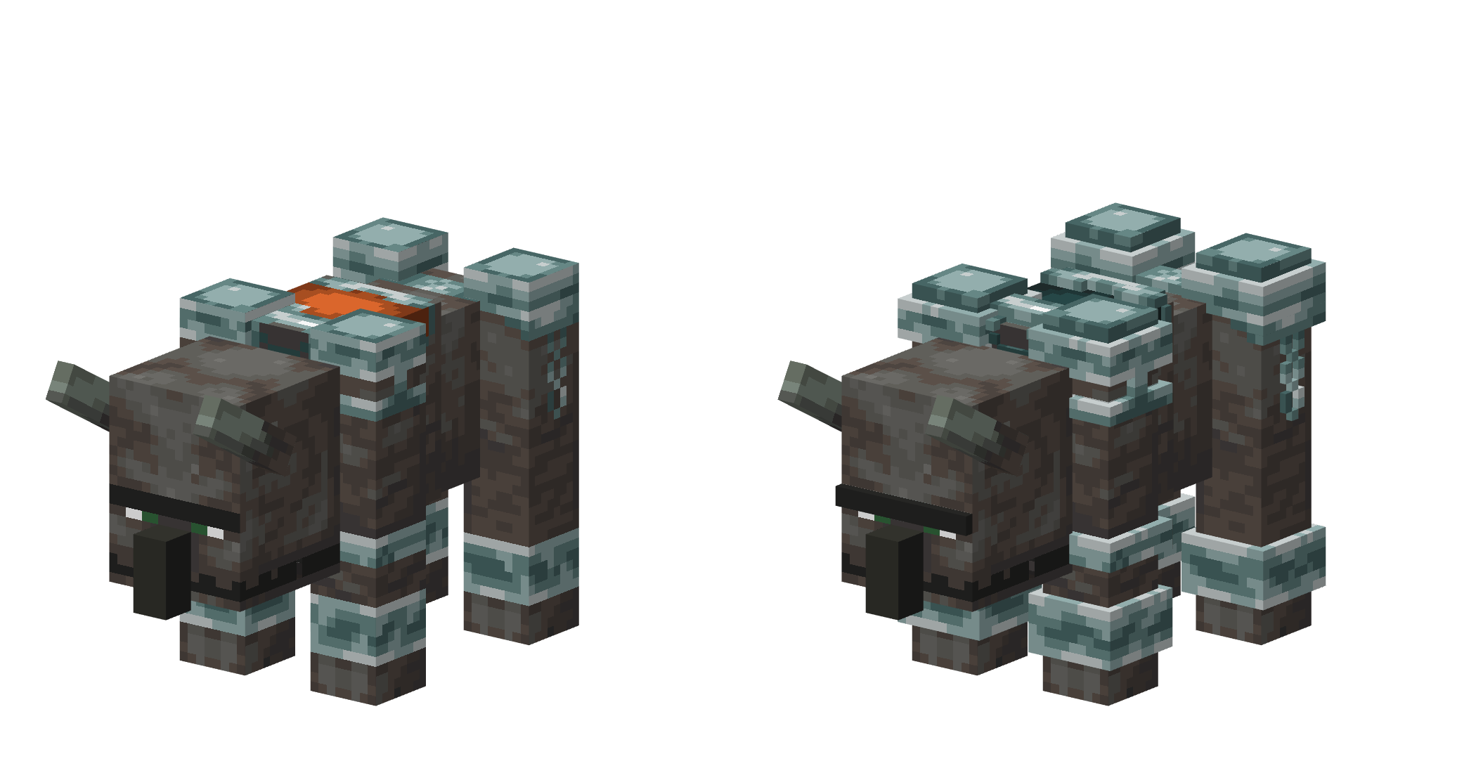 A render showing the ravager model with and without the resource pack applied.