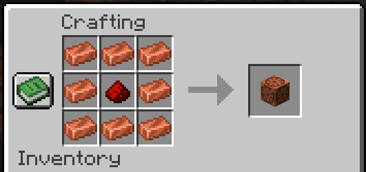 The recipe for the gear which is copper ingot, copper ingot, copper ingot, copper ingot, redstone dust, copper ingot, copper ingot, copper ingot, copper ingot