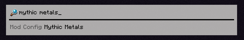 A search for 'mythic metals'. Mythic Metals' config screen is shown.