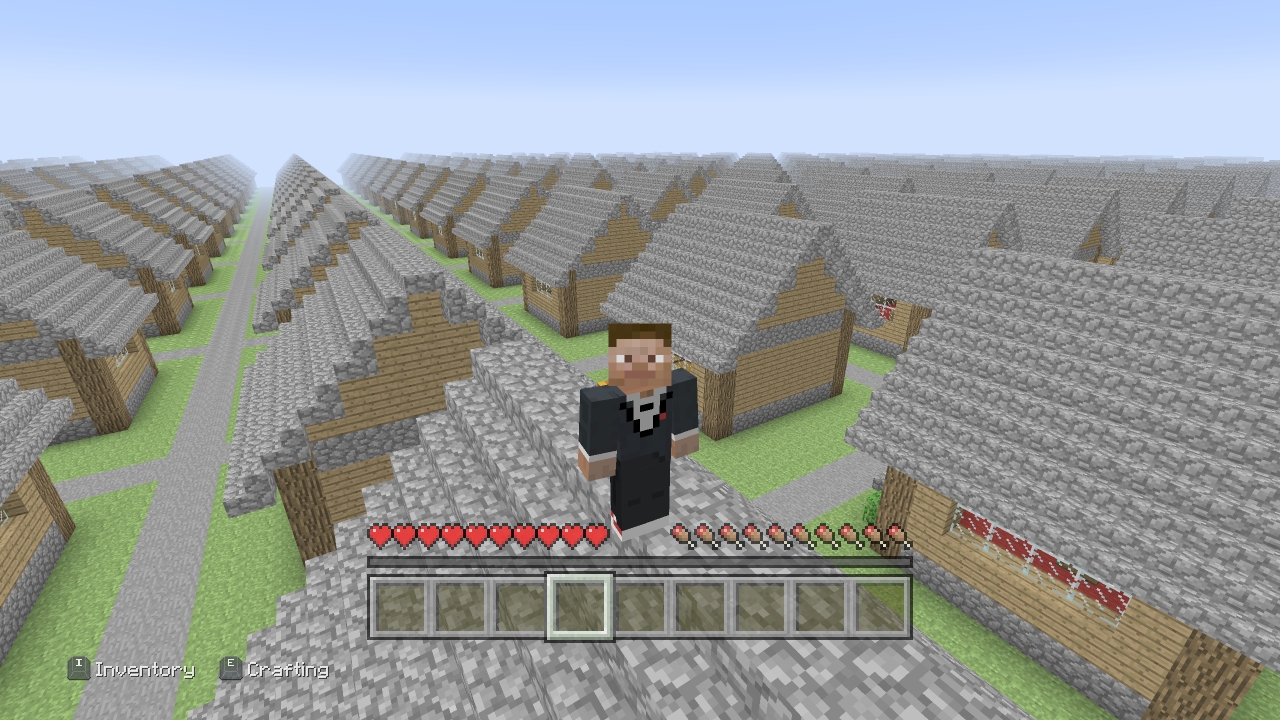 In-game screenshot of minecraft player in a dimension with repeating houses in the style of legacy console
