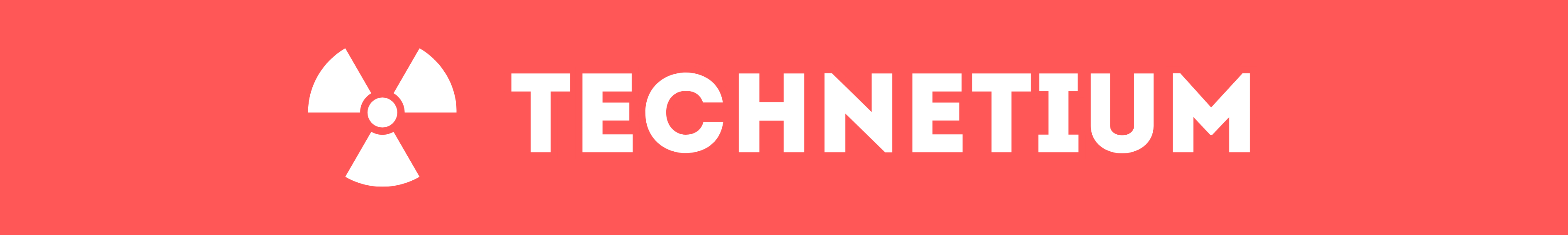 A red banner with a white trefoil (radiation symbol) and the words "technetium" beside