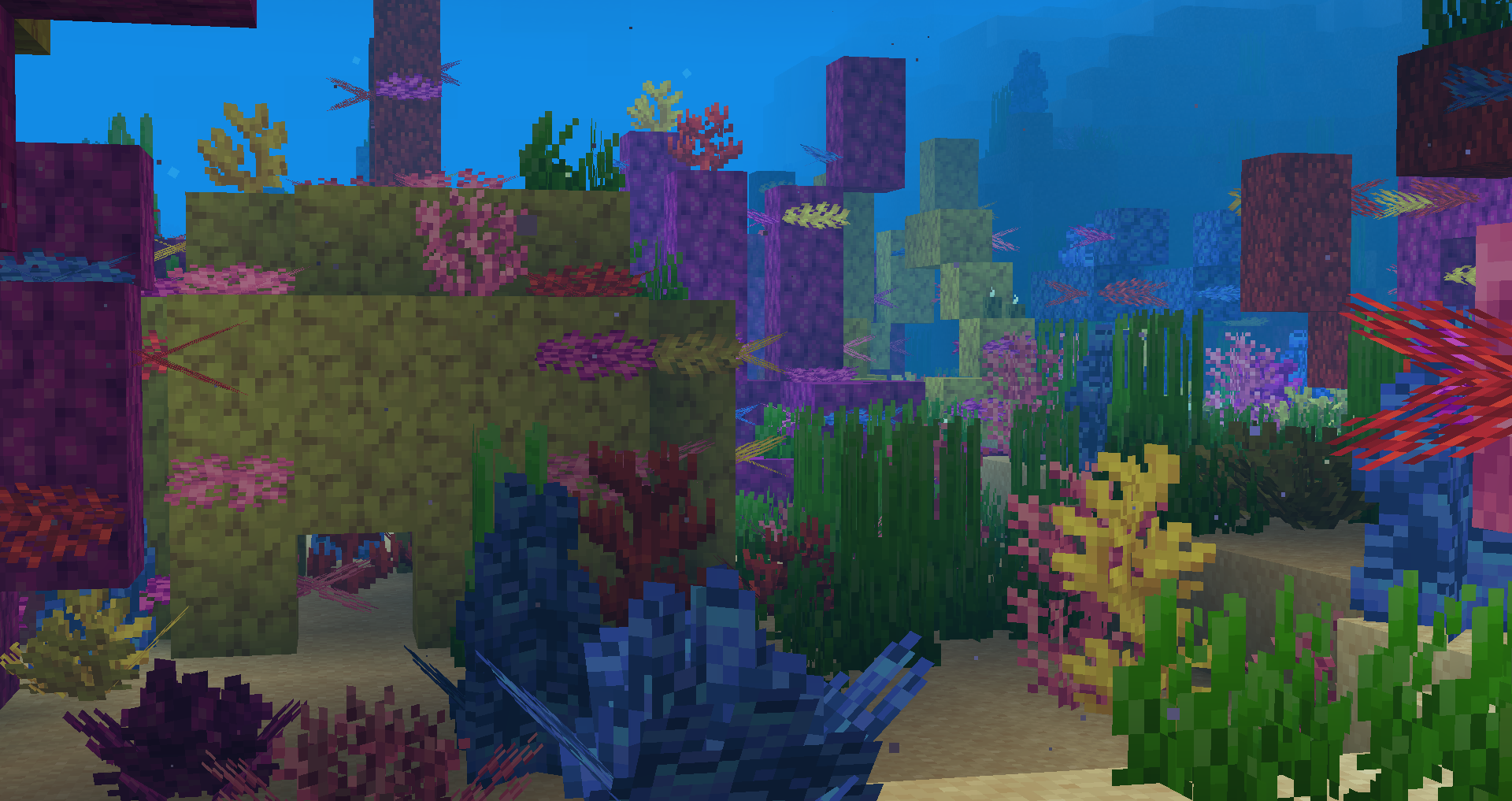 A screenshot of a coral reef with the new variations added by this mod