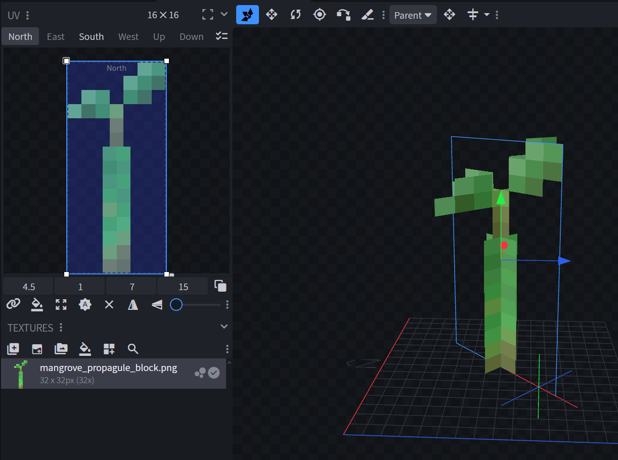 the modified ground sapling form of the mangrove propagule's model, showing the texture being 32x32 so that the stem can be in the middle.