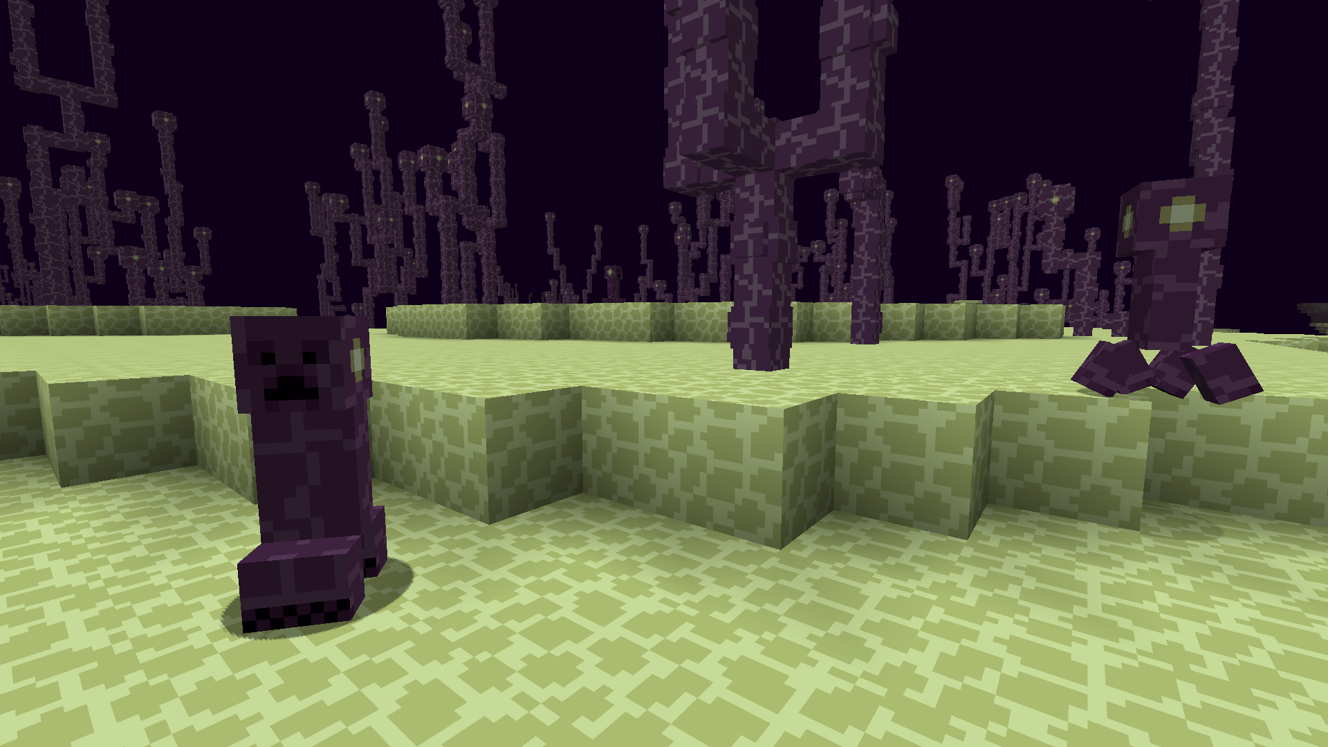 Two purple creepers next to chorus trees in the end