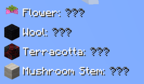 An image with a list of items, (Flower, Wool, Terracotta, Mushroom Stem). Right next to the text there's the following grey text: 