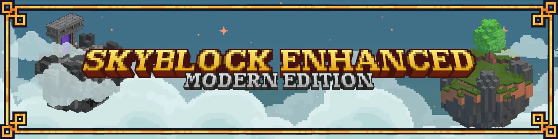 Skyblock Enhanced Modern Edition banner featuring floating island worlds with a portal structure on the left and a village settlement on the right against a cloudy sky background, with decorative golden corner frames