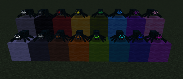 A lineup of all the possible eye colors of tamed spiders, during the night, showing off the glowing textures.