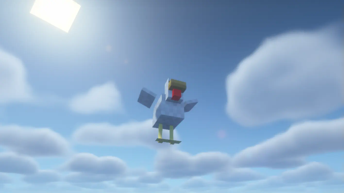 A chicken floating in the sky.