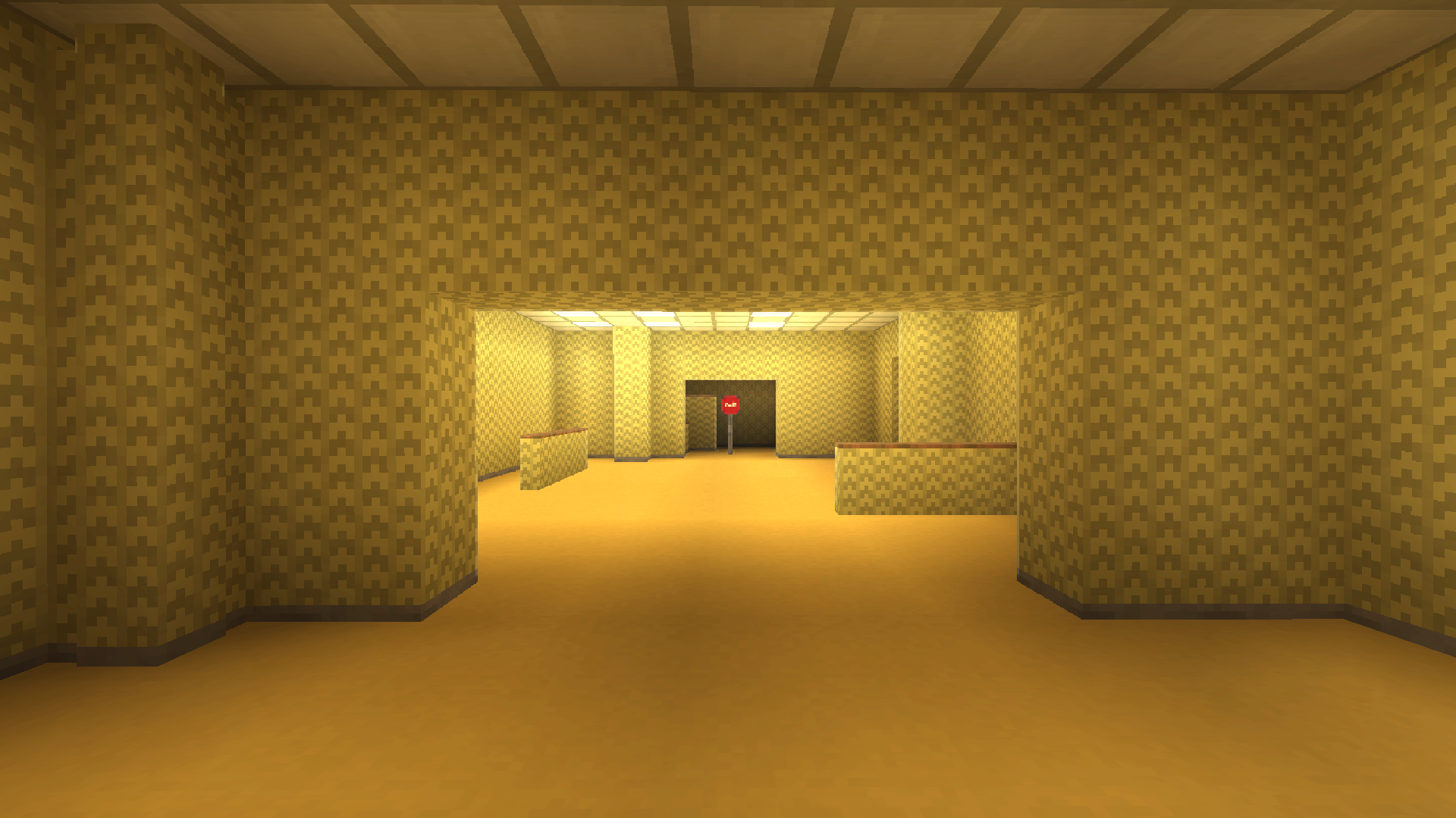 Yellow room with a stop sign in the hallway.
