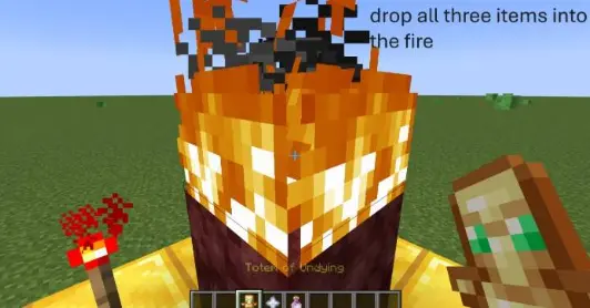 drop totem, nether star and ender tear into the fire