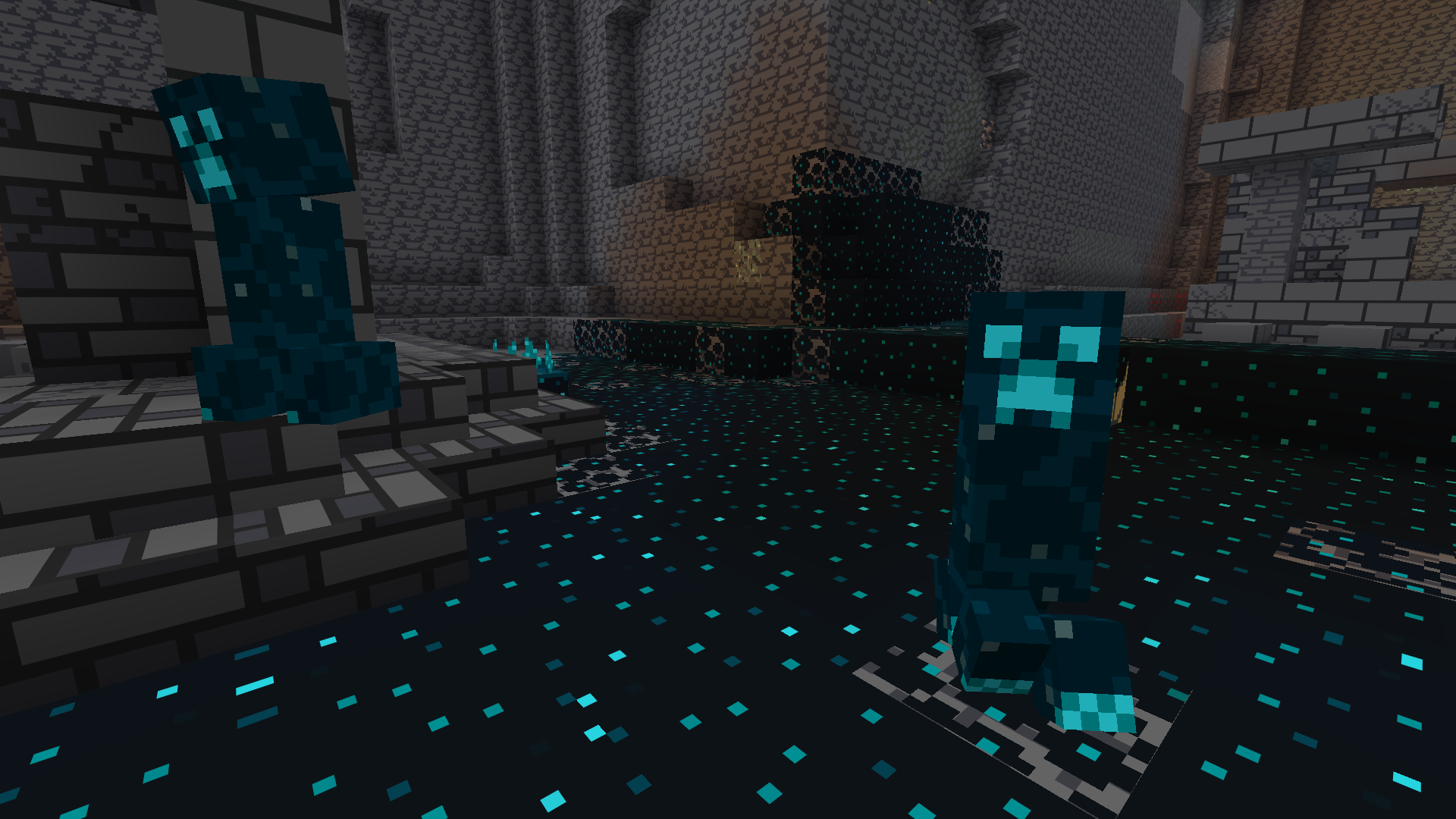 Two sculk creepers in a deep dark biome cave