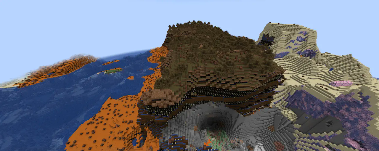 Мир Minecraft (сид 4443874797342797) с некорректно отображаемыми блоками, поврежденными из-за несоответствия порядка блоков между клиентом и сервером. Песчаник заменен на пропитанные водой листья вишни. Сухие кусты превратились в нотные блоки. Терракота различных цветов отображается как березовые кнопки в разных положениях. Обычная терракота выглядит как пропитанные водой еловые ступени. Дрипстоун заменен различными формами меди.