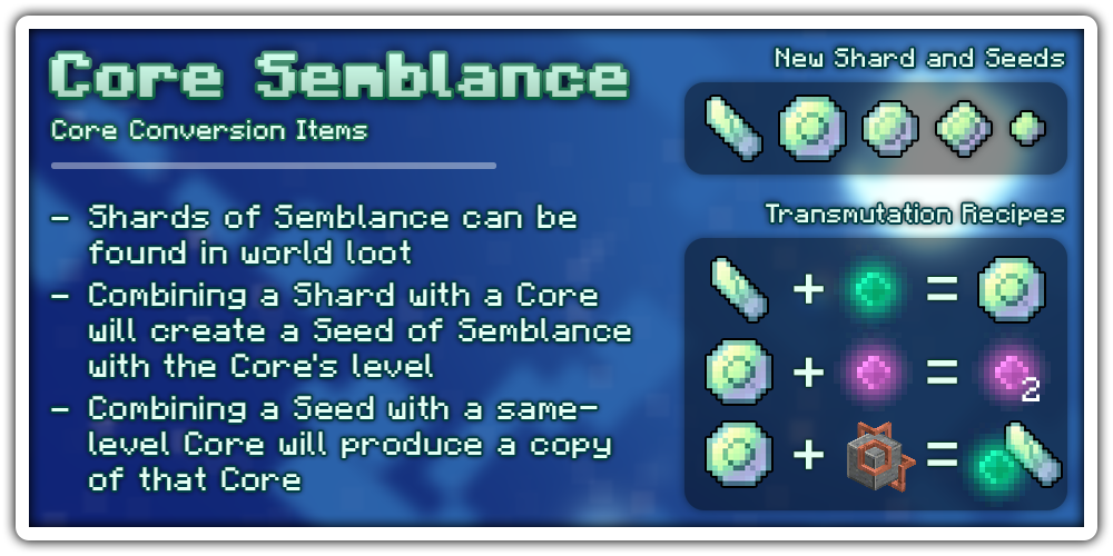Core Semblance (Core Conversion Items): a) Shards of Semblance can be found in world loot. b) Combining a Shard with a Core will create a Seed of Semblance with the Core's level. c) Combining a seed with another same-level Core will produce a copy of that Core.