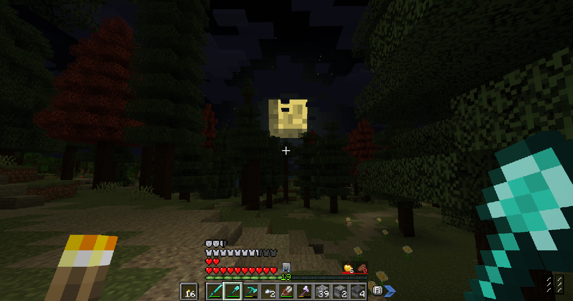 A 'Super Harvest Moon' rises from behind the tree line as night settles in. The player hot bar shows customized tool and the new health system.