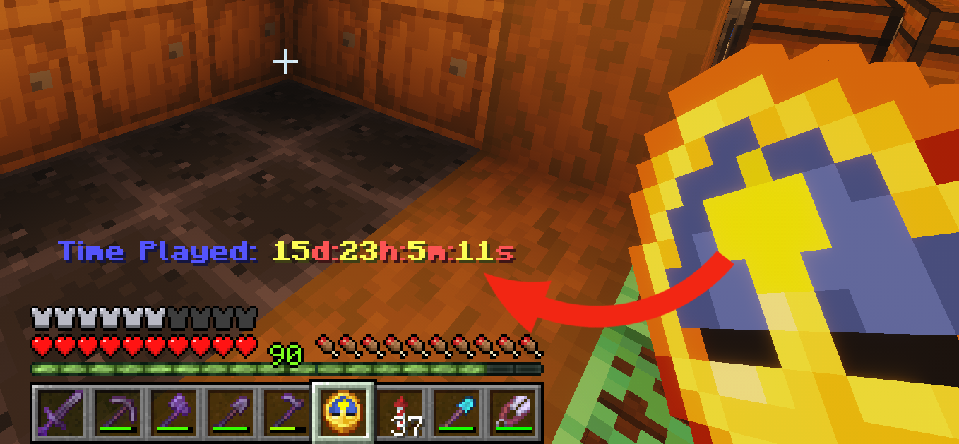 A minecraft player holding a clock to see their total playtime
