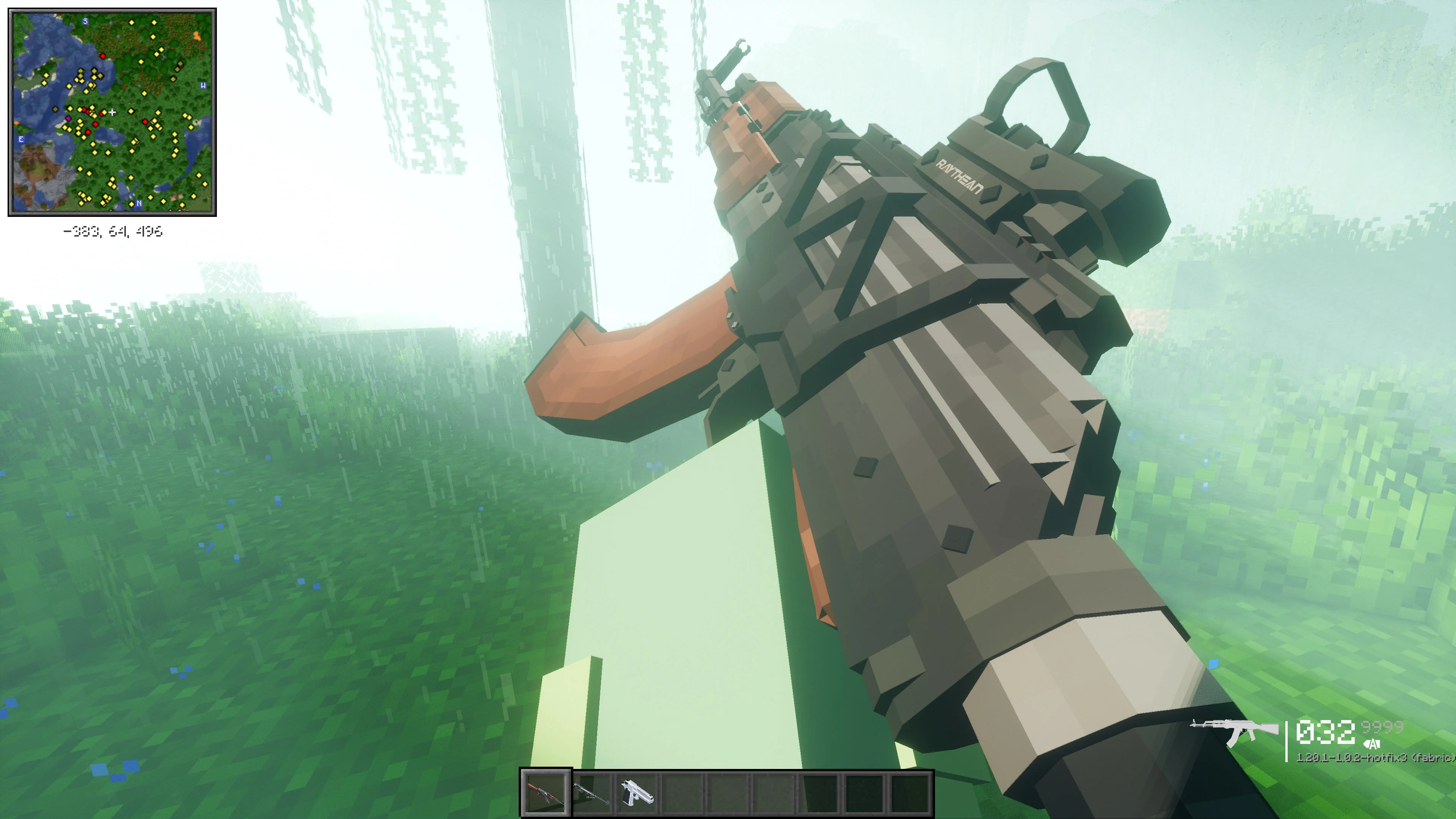 screenshot of an akm within the game with a bright, rainy forest in the background