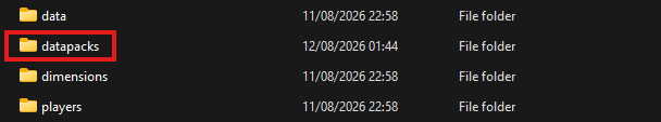 Image of file explorer with the datapack folder circled