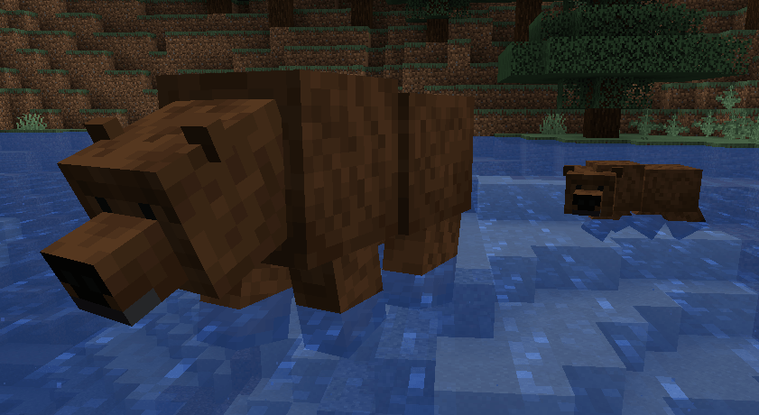 A brown bear and its cub going fishing.