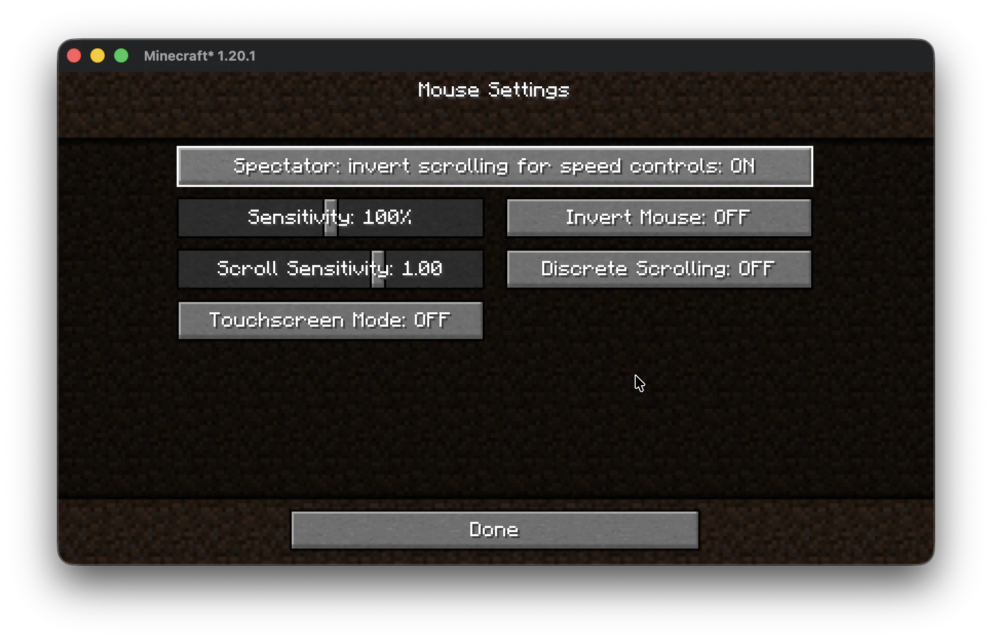 Screenshot of mouse settings