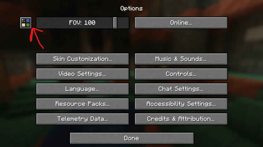 A screenshot of the Minecraft options menu, with a red arrow pointing to the Distant Horizons option button, which is to the left of the Field of View slider.