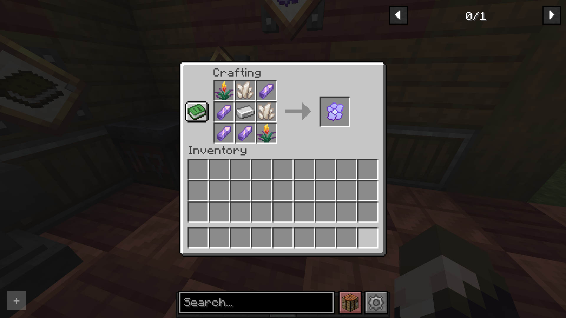 The recipe for the flosculus, two torchflowers in the top left and bottom right corners, quartz in the middle of the top row and the end of the middle row, an iron ingot in the middle and amethyst shards everywhere else.