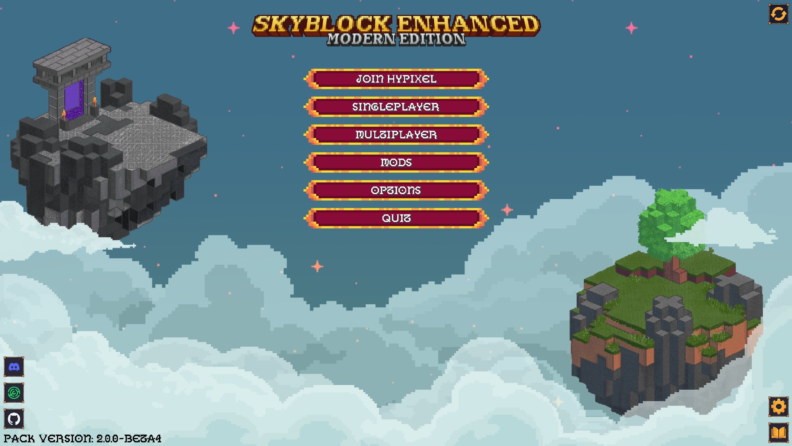 SkyBlock Enhanced Modern Edition main menu with buttons for Join Hypixel, Singleplayer, Multiplayer, Mods, Options, and Quit