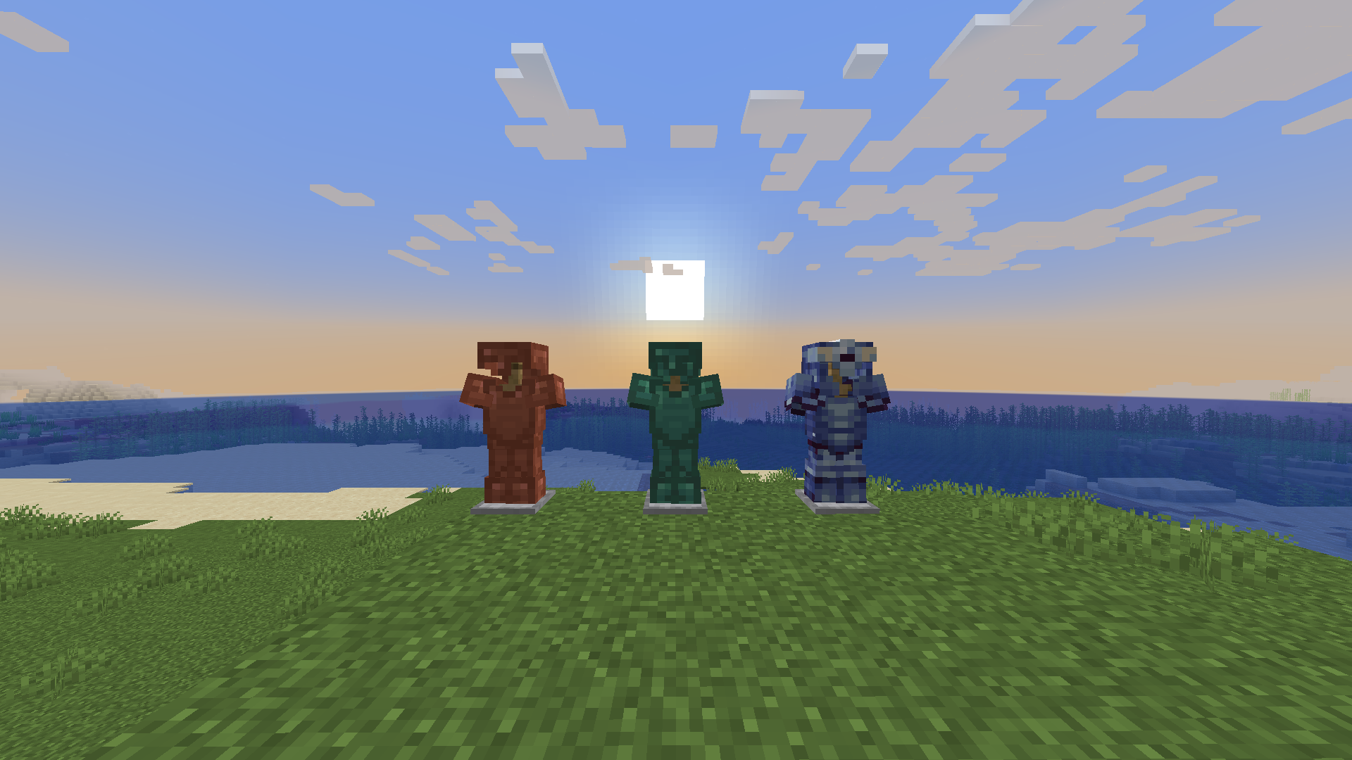 Armor stands each wearing a full armor set: copper, oxidized copper, and starfall alloy.