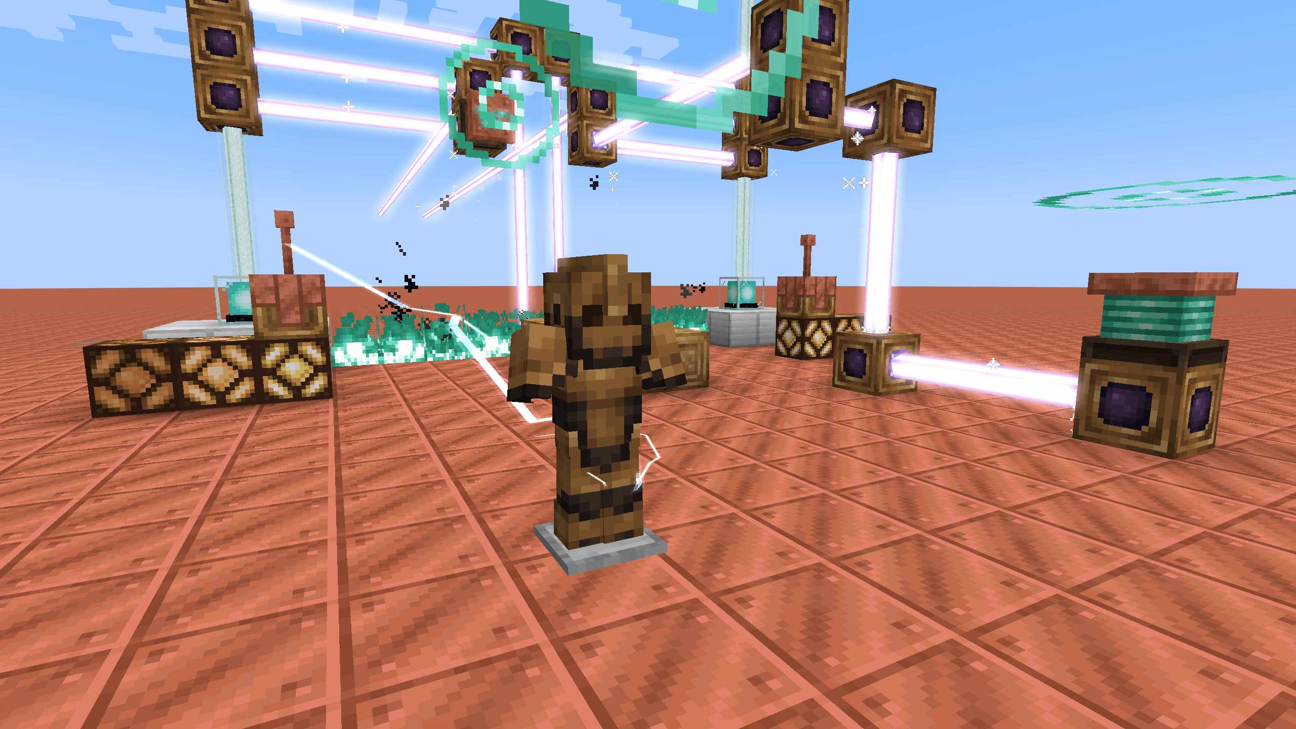 Many of the machines from elysium are displayed, along with an Armor Stand wearing Elysium Armor. It is being zapped by an Elysium Electrode.