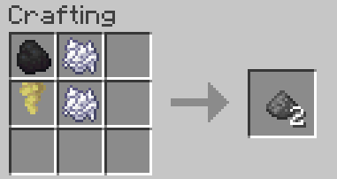 Animated preview of a recipe by combining coal/charcoal, sulfur spike and two bonemeal in a crafting window, resulting in two gunpowder.