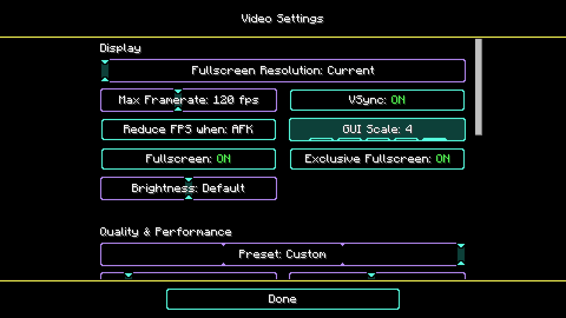 A screenshot of the "Video Settings" screen with the "High Contrast" resource pack enabled.