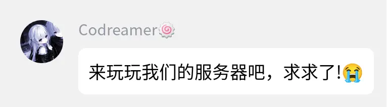 This is a message actually sent by the owner of my Minecraft NSD server in the Discord group. He said, 'Come play on our server, please😭', using Chinese, expressing that the server owner hopes more people will join the server and bring more vitality to it.