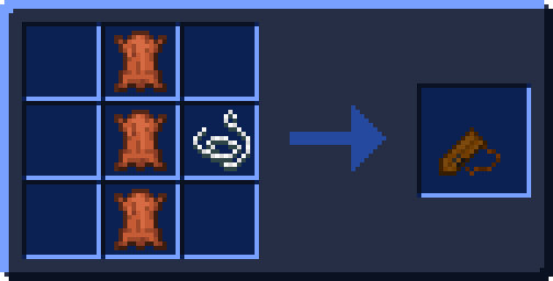 The crafting recipe for a scabbard, being 3 leather arranged in a vertical line, beside a piece of string to the right.