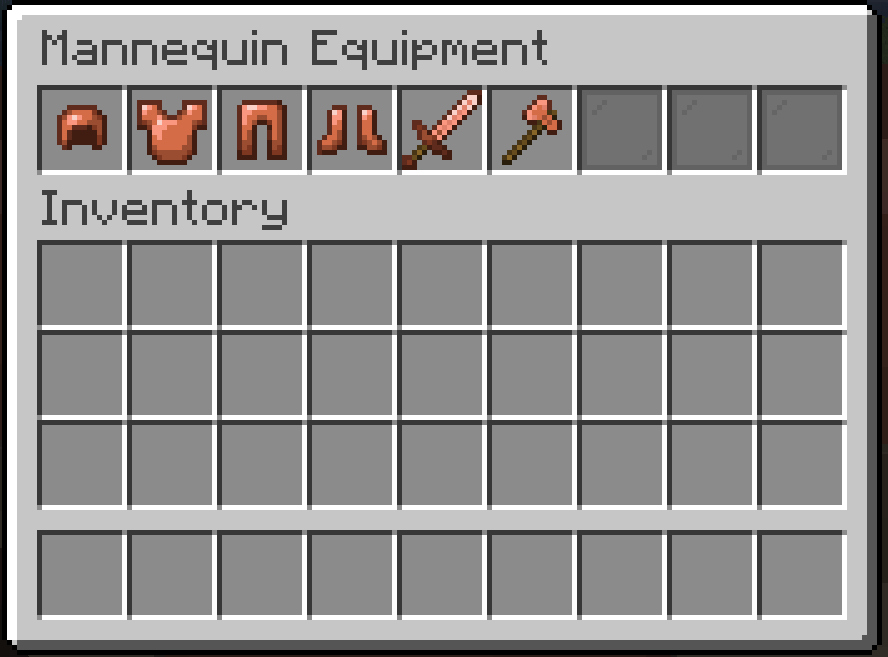 Image demonstrating what type of equipment goes in each slot of the mannequin inventory. Helmet goes in the first slot. Chestplate/elytra goes in the second slot. Leggings go in the third slot. Boots go in the fourth slot. The mannequin will hold the fifth slot in its main hand. The mannequin will hold the sixth slot in its off hand.