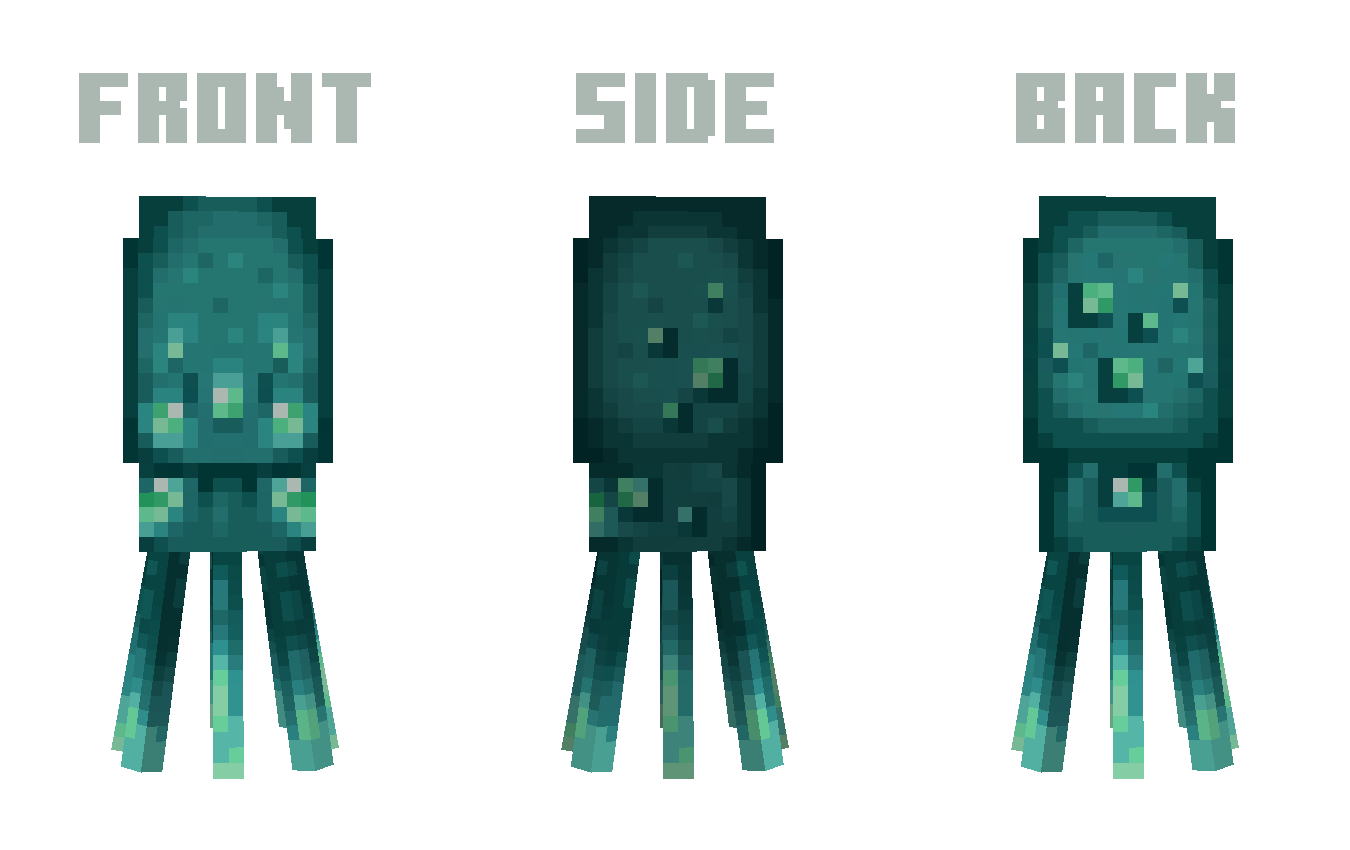 A image showing a glow squid from the front, the side, and the back. The 'Slightly Squidier' resource pack has been applied.