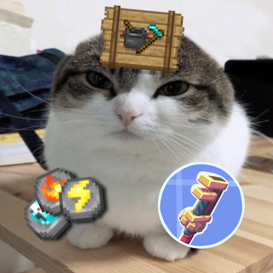 Kotaro (the wawa cat) with the Farmer's Delight, Runes, and Create mod icons surrounding it