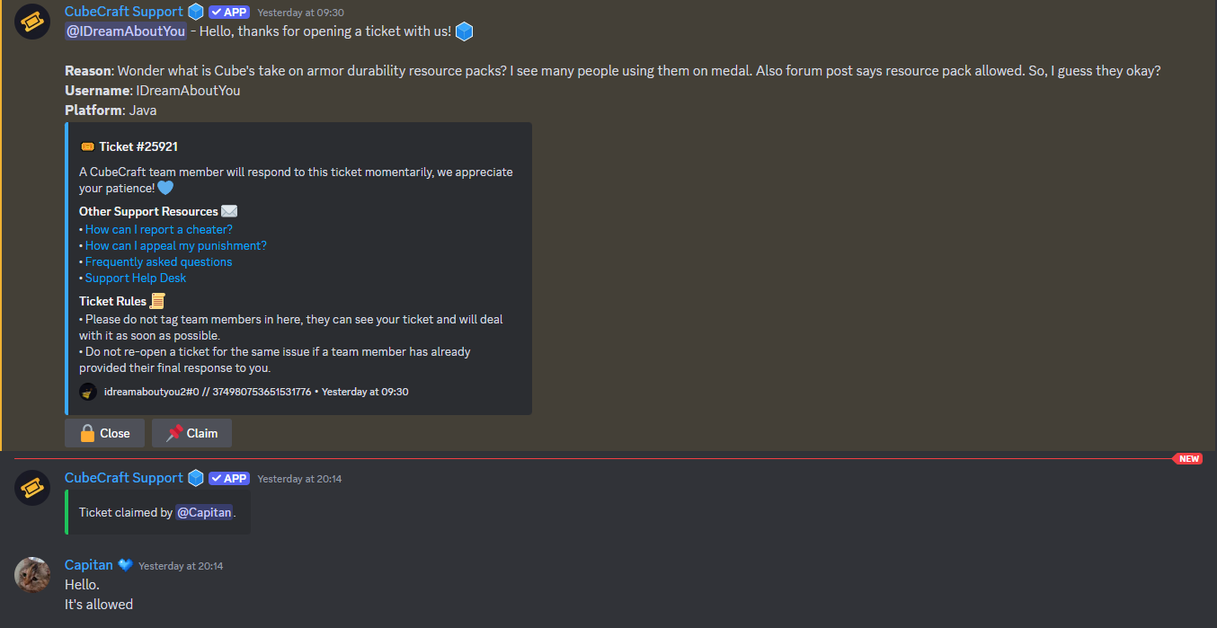 Admin answering that armor durability resource packs are allowed on CubeCraft