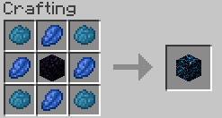 Step 1   Add in the middle of the crafting table obsidian block , and in all sides lapis lazuli , and in all corners cyan dye. like in the picture below.