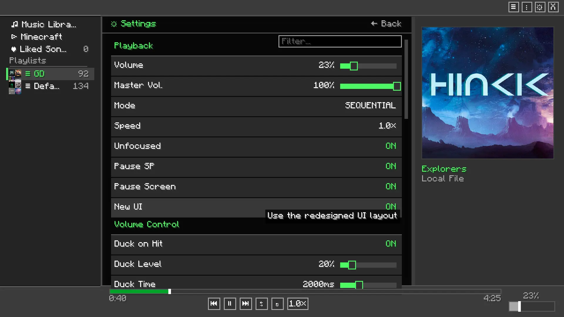 Melodix Player Settings menu