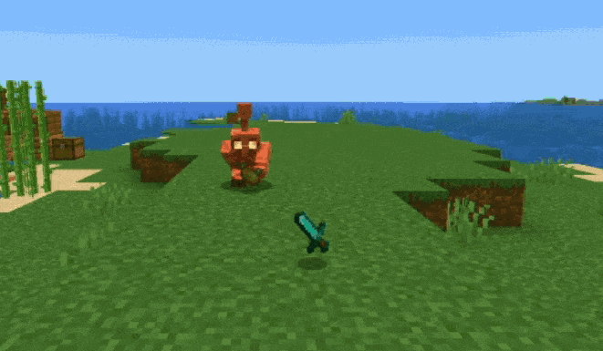 This GIF shows a Minecraft scene on a grassy island surrounded by water. A Copper Golem walks across the grass toward a floating, spinning diamond sword. The Golem reaches the sword and picks it up. The scene loops continuously.