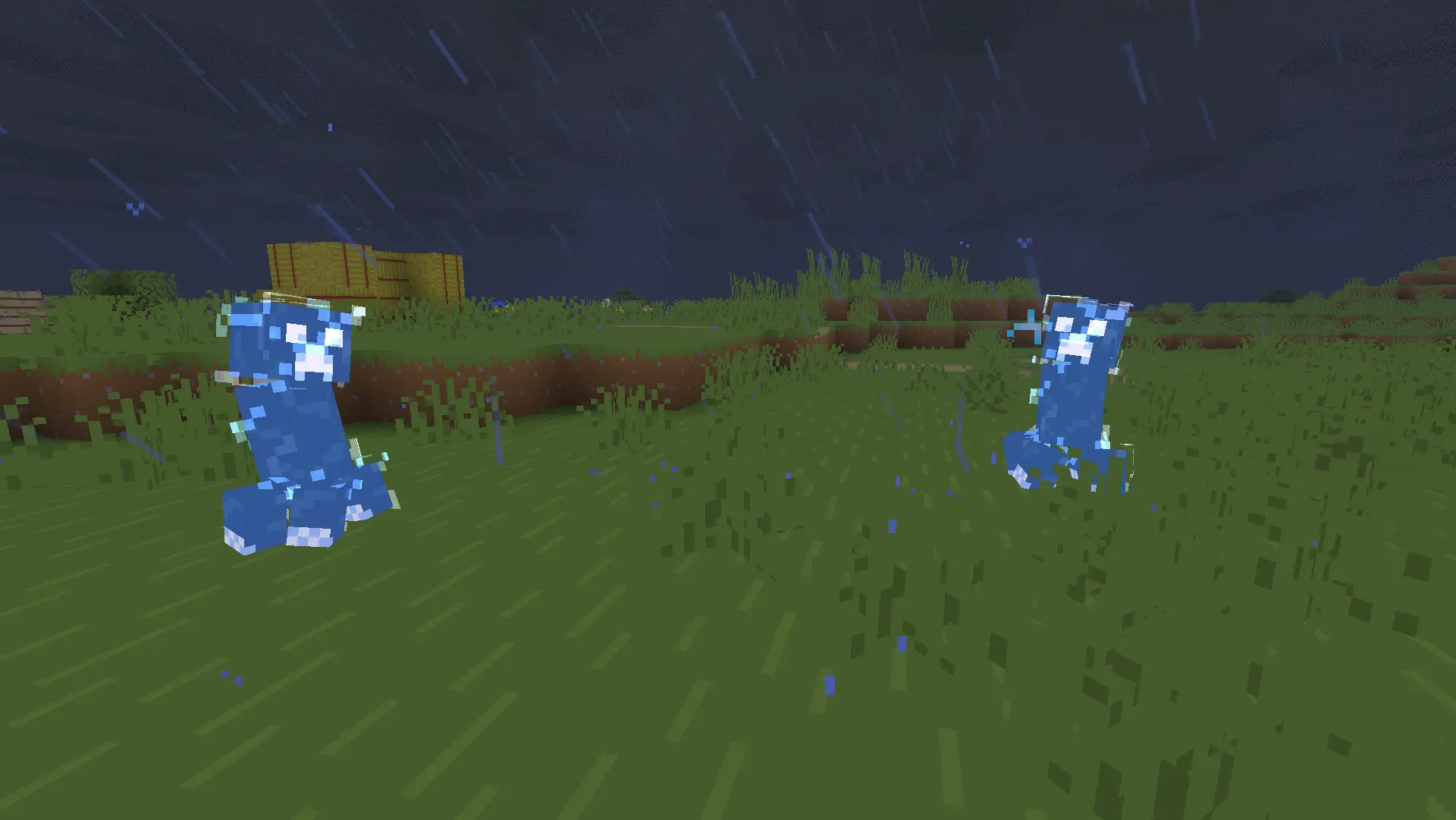 Two blue charged creepers in a plains biome during a thunderstorm