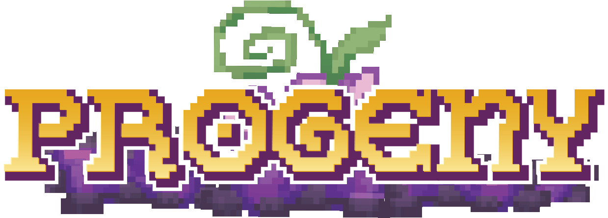The Progeny banner. The word "PROGENY" in all caps, stylized with a low-pixel font, in front of some rocks and amethysts. In the middle, behind the text and sprouting out of the amethyst, is a plant resembling the "Progeny P logo". The text is a golden color, and a shine quickly goes across the text every so often to show accentuate this golden color.