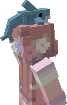 A blue shark plushie (Blåhaj) sitting on top of a minecraft character