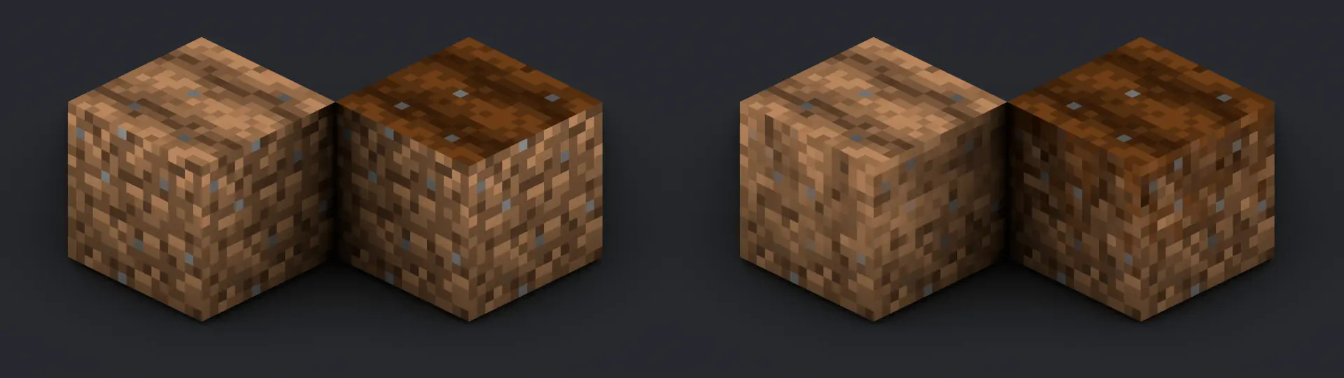 The vanilla farmland blocks are shown the left, and the blocks from my resource pack are shown on the right.