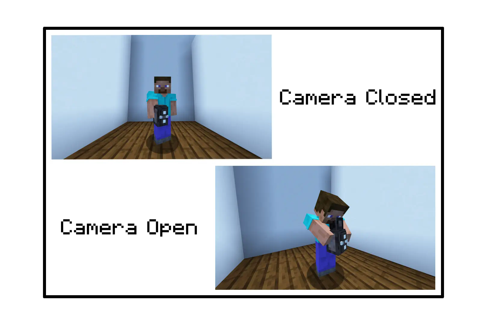 " pictures showing the camera in game with one showing the camera viewfinder being closed and the other showing it open