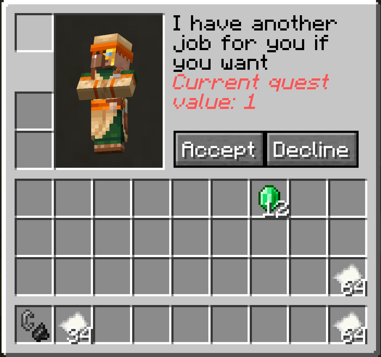 Villager dialog showing a villager offering a quest continuation, with a current quest value of 1
