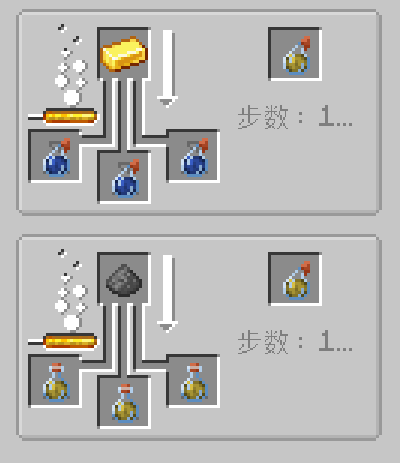JEI brewing recipe showing the creation of Haste Potion from an Awkward Potion and a Gold Ingot, including splash potion conversion with Gunpowder.