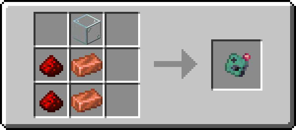 The recipe for the transmitter is two redstone, two copper ingots and a glass block.